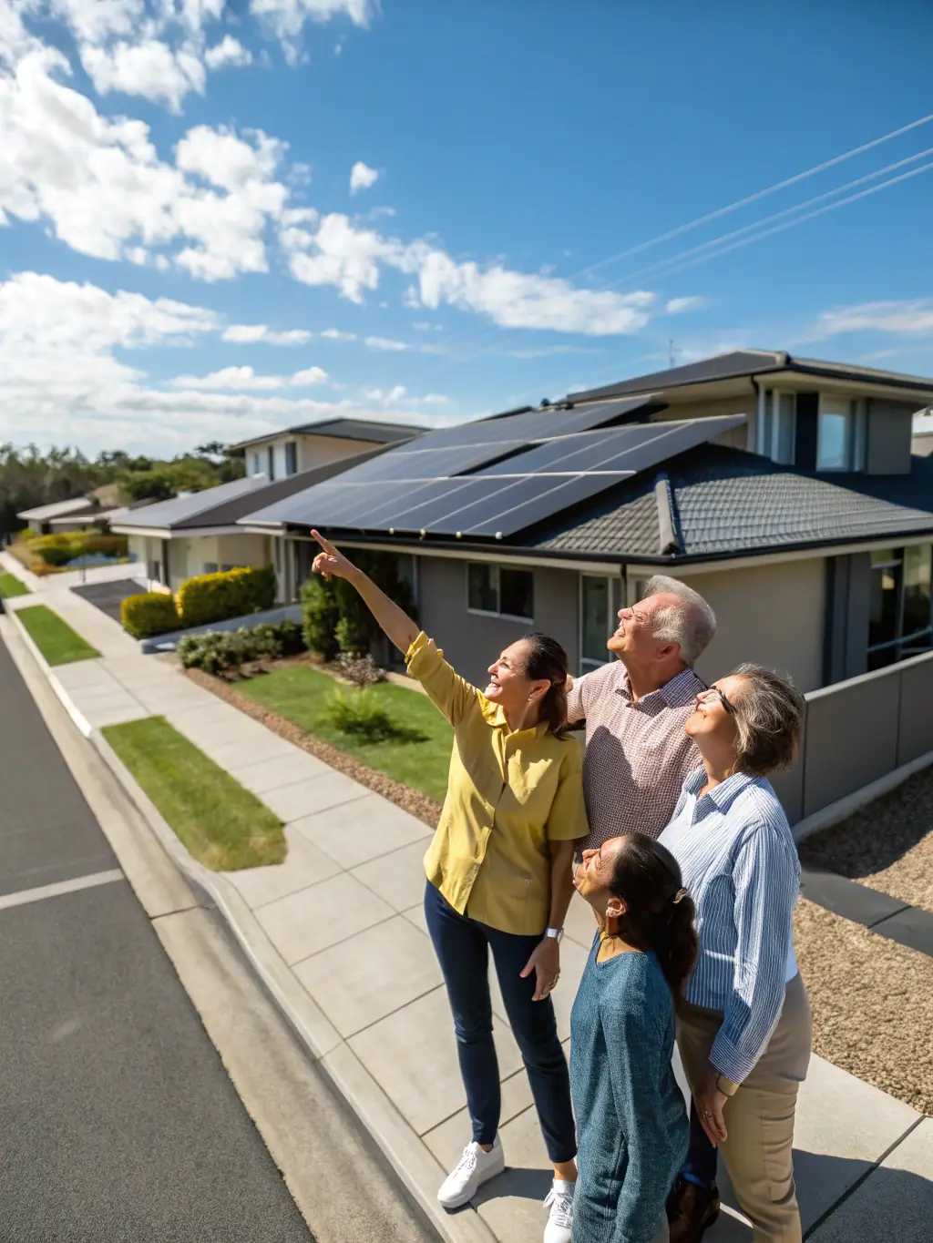 A diverse group of people standing together, smiling and pointing towards a solar panel installation on a rooftop, symbolizing community and collective action towards sustainable energy.