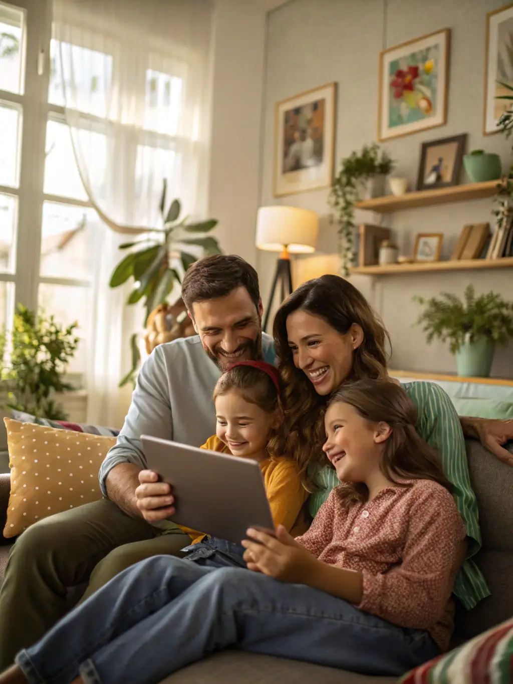 A family happily gathered around a smart energy monitor displaying real-time solar energy production and consumption data, showcasing the transparency and control offered by Sovereign's solutions.