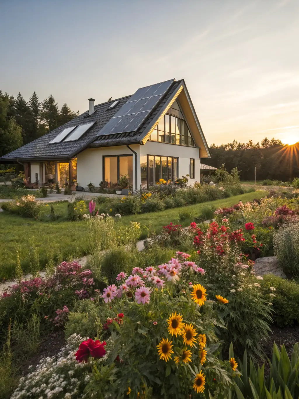 A modern house with sleek solar panels installed on the roof, showcasing a grid-tied solar system connected to the utility grid.