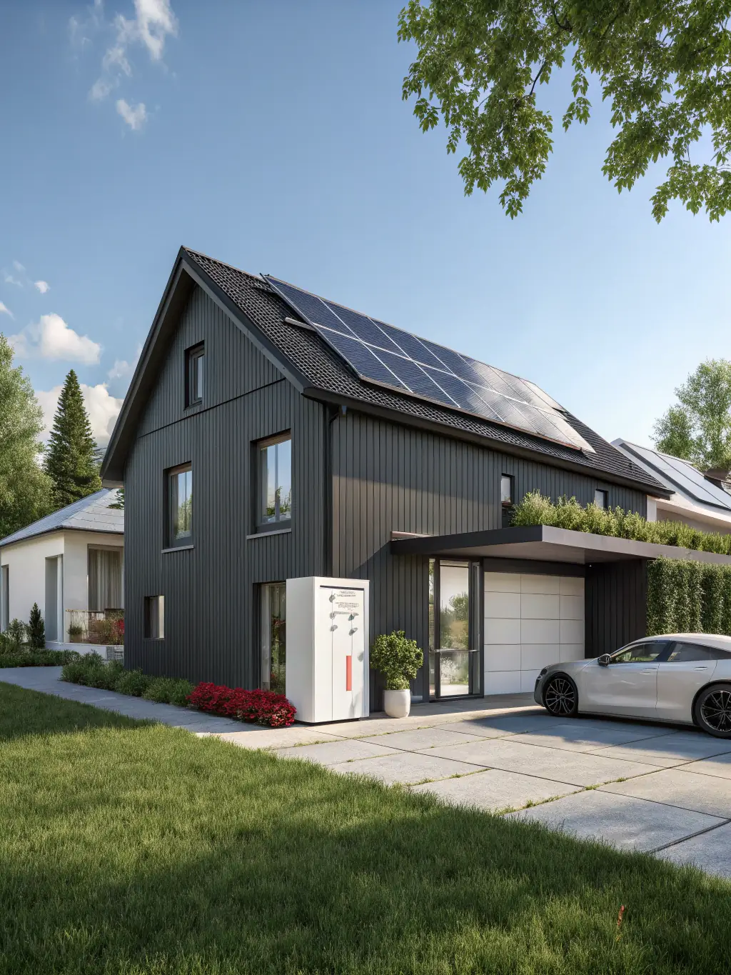A home with solar panels and a battery storage system, demonstrating a hybrid solar system for reliable power.