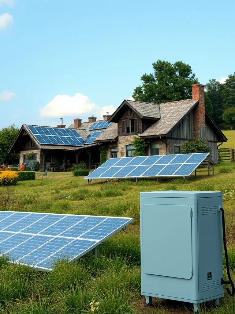 A rural home with a battery bank and solar panels, illustrating an off-grid solar system providing energy independence.